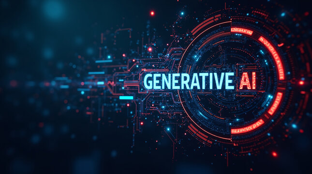 Abstract futuristic background with glowing circuitry and a digital interface displaying the words uppercase 'GENERATIVE AI' inside a circular frame. High-tech feel