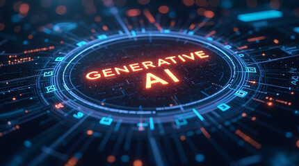 Abstract futuristic background with glowing circuitry and a digital interface displaying the words uppercase 'GENERATIVE AI' inside a circular frame. High-tech feel