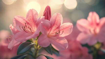 Fototapeta premium In a futuristic city, a vibrant rhododendron ecosystem with AI-regulated microhabitats in every petal, fostering symbiotic species and adaptive photosynthesis membranes, forms a vertical smart