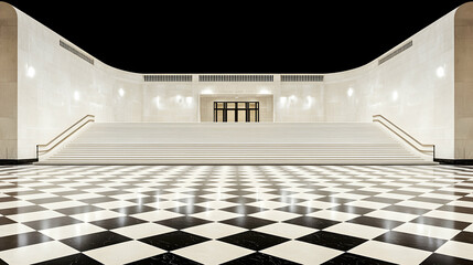 Grand entrance steps, checkerboard floor, night