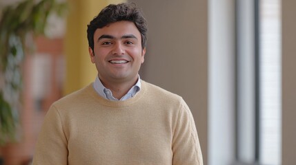 Smiling 30-year-old Indian man in casual attire, quarter view, isolated on white. Space for text.