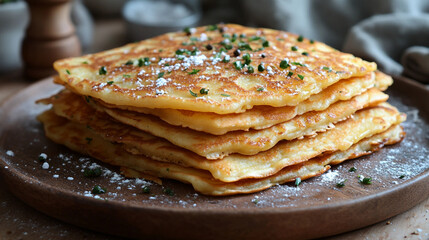 close up of stacked pancakes on the plate. Breakfast and homemade food concept