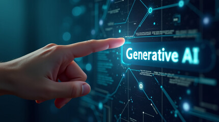 Fingertip hovering over a futuristic button labeled 'GENERATIVE AI' on a complex digital screen. High-tech, illuminated, abstract background