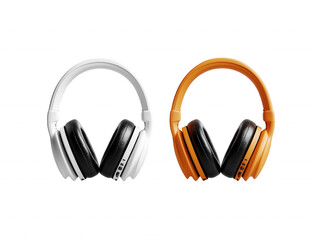Fototapeta premium two pairs of headphones, one in white and another in orange, side-by-side, with a modern design.