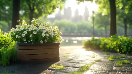 Sunny park flowerbed, city backdrop, tranquil morning scene