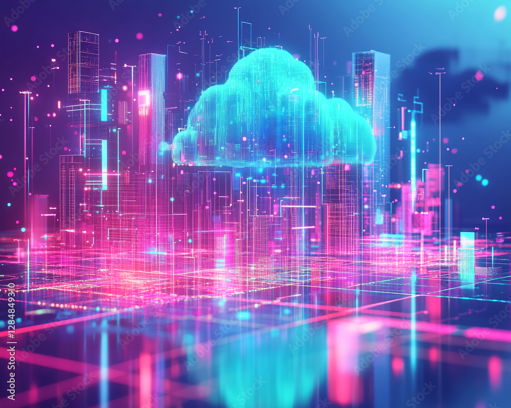 Poster a futuristic digital landscape with glowing neon lines and a 3d cloud symbol, representing cloud com