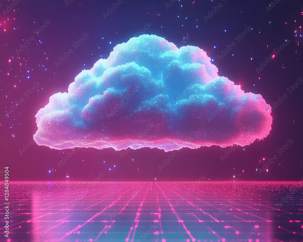 Aufkleber A vibrant, glowing cloud floating in a futuristic digital landscape with neon lights and a grid pattern, representing technology, digital networks, and the concept of cloud computing.