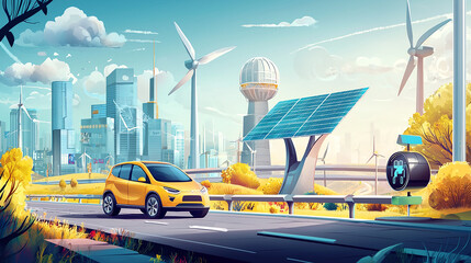 Obraz premium A vibrant cityscape featuring a yellow car driving past wind turbines and solar panels, symbolizing sustainable energy and modern urban living.
