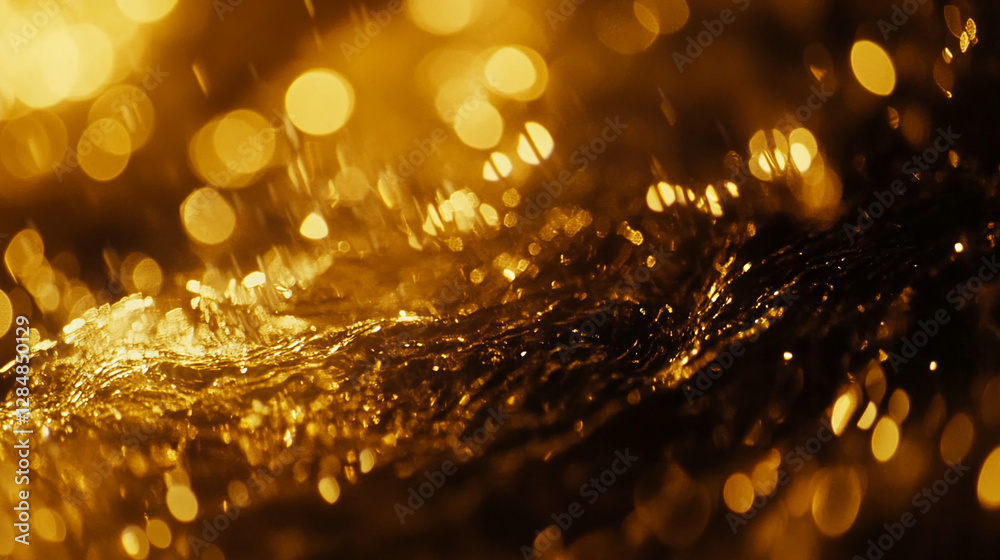 Poster a close-up view of golden shimmering liquid, with sparkling bokeh effects. this image symbolizes lux