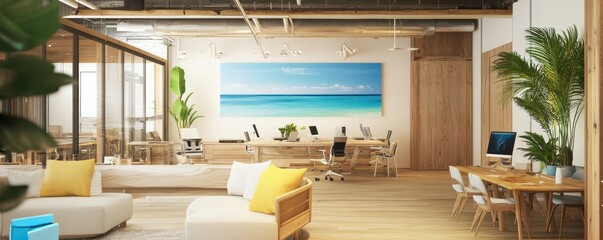 Contemporary office space with beach artwork and modern wooden furniture