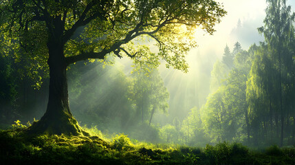 Obraz premium Majestic oak tree in misty forest sunrise, nature peace