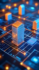 Fototapeta premium Digital circuit with data transmission featuring futuristic architectural models