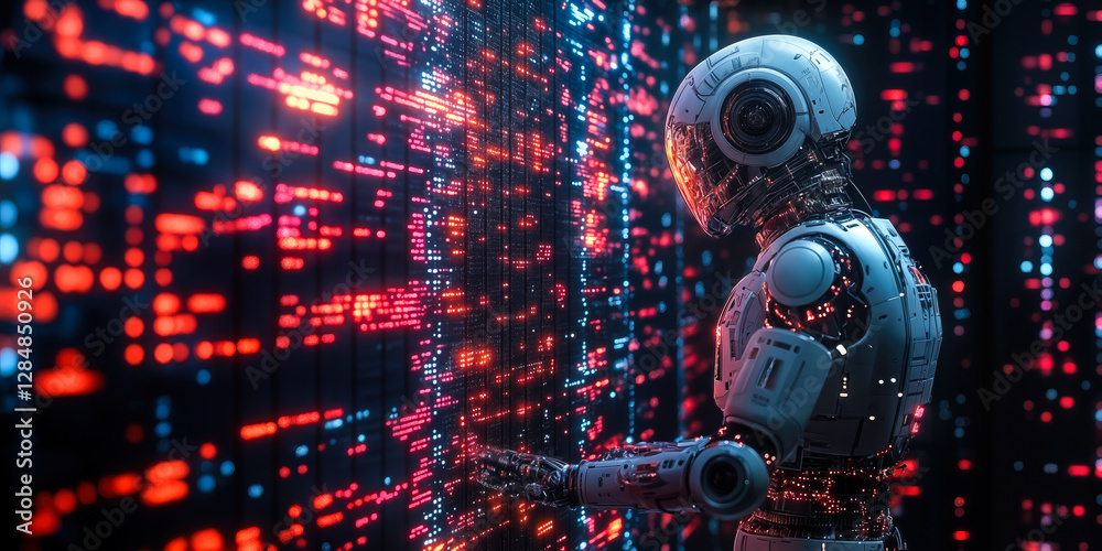 Poster robotic figure interacting with digital interface in futuristic environment with dynamic data visual