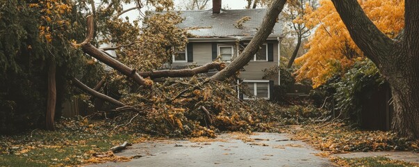 Fallen trees block suburban driveway after storm, highlighting seasonal change and property damage