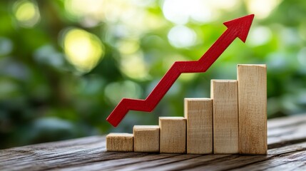 Symbol of Achievement: A bright red arrow ascends, representing development and advancement, positioned over a wooden bar chart to indicate an upward trend and positive transformation
