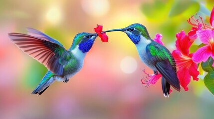 Fototapeta premium Two hummingbirds feeding on vibrant flowers in a garden setting