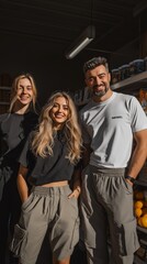 Obraz premium Trendy European friends in casual outfits posing confidently inside a modern store, representing youth fashion and urban lifestyle