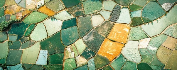 Aerial view of vibrant patchwork farmland with lush green and golden fields