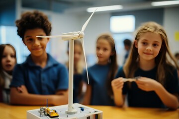 Students presenting a group project in a science fair, showcasing a working model of a wind turbine,