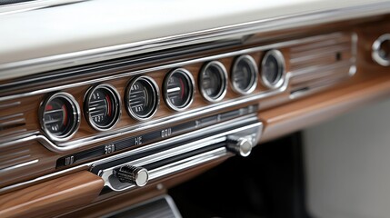 Obraz premium Classic car dashboard, wood trim, gauges, vintage interior, transport history