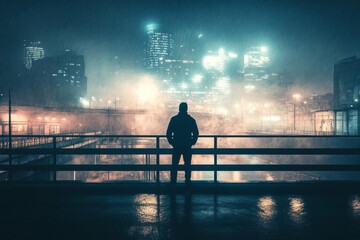 A solitary figure stands on a balcony, gazing at a fog-enshrouded city filled with glowing lights during a rainy night. Generative AI