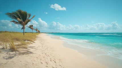 Tropical beach with palm trees, footprints, ocean waves, fluffy clouds