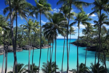 Lush palm trees frame a stunning tropical cove with clear turquoise water under a brilliant blue sky, creating a peaceful vacation haven. Generative AI