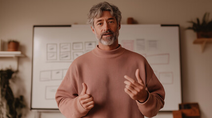 Confident Business Mentor Explaining Concepts in a Cozy Workspace