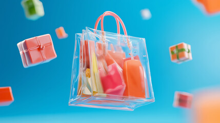 Vibrant Shopping Bag with Floating Gifts &ndash; Cyber Monday and Black Friday Concept for Online Shopping, Retail Discounts, and Holiday Sales
