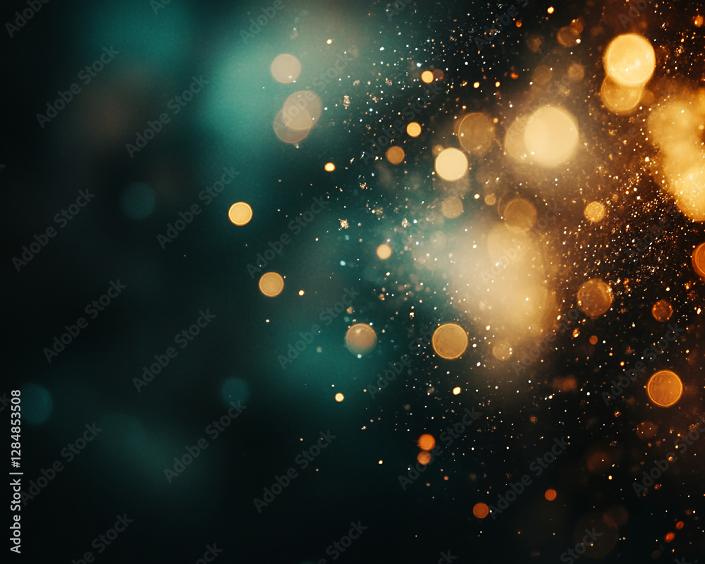 Poster Abstract golden and teal bokeh lights with a sparkling glow effect, showcasing a dreamy and festive atmosphere with floating particles in the background.