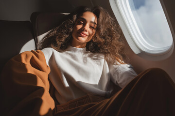 Smiling Young Woman Relaxing by the Airplane Window, Enjoying a Comfortable Flight with Natural Sunlight &ndash; Stylish Female Traveler on a Journey