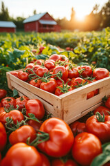 Freshly Harvested Organic Tomatoes in a Wooden Crate on a Farm at Sunset &ndash; Rural Agriculture, Sustainable Farming, and Local Produce