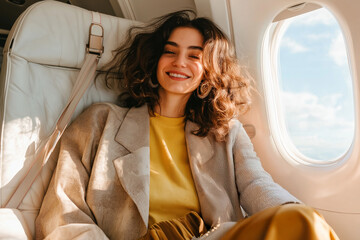 Happy Young Woman Relaxing on an Airplane Seat, Smiling While Traveling &ndash; Stylish Female Passenger Enjoying Comfortable Flight with Natural Sunlight