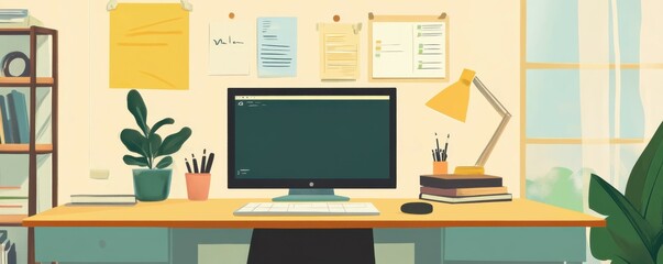 Fototapeta premium Cozy home office workspace with computer and plants
