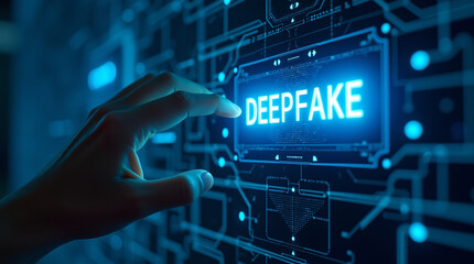 Hand reaching out to press a red button labeled 'DEEPFAKE' on a glowing blue digital interface. Futuristic, abstract background