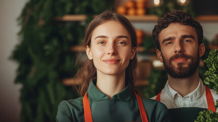 Friendly Grocery Store Owners Smiling in Front of Fresh Produce Display