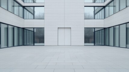 Obraz premium Modern office courtyard, empty, minimalist architecture, white facade, glass windows