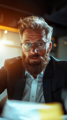 Bearded Businessman in Suit at a Modern Restaurant, Looking Surprised and Engaged