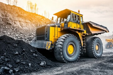 Fototapeta premium A large yellow dump truck operates at a coal mining site, unloading materials as the sun sets in the background, creating a dramatic view. Generative AI