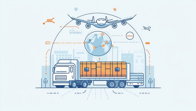 A visual representation of a global logistics network, highlighting different transportation methods like an airplane, ship, and truck, connected by dotted lines on a basic background. Logistics