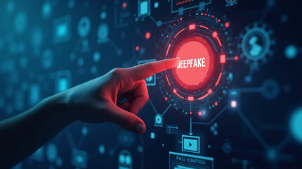Hand reaching out to press a red button labeled 'DEEPFAKE' on a glowing blue digital interface. Futuristic, abstract background