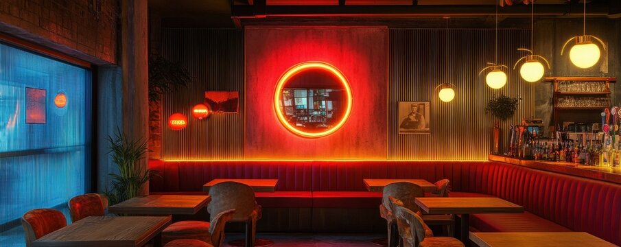 Cozy retro bar with neon lighting and red seating in dim ambiance