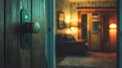 Obraz premium Modern Smart Door Handle Home Security System Digital Lock Wooden Door Interior Design Elegant Home Automation Technology Innovative Home Improvement 