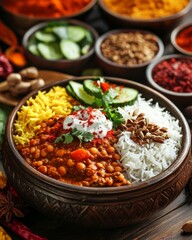 Vibrant lunch plate with vegetarian lentil curry, jasmine rice, and fresh cucumber raita, served in a deep ceramic dish with colorful spices in the background,