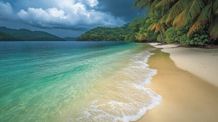 Obraz premium Tropical island beach with turquoise water, stormy clouds, and lush vegetation. Possible use Travel brochure, tourism website, or desktop wallpaper