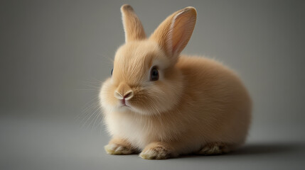 Obraz premium A baby rabbit with velvety brown fur, sitting calmly against a solid warm gray background