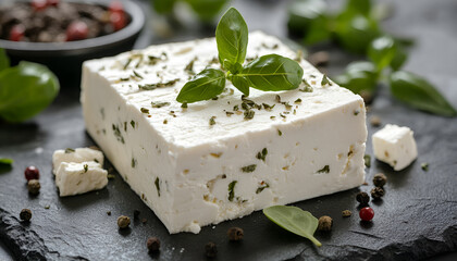 Fresh Greek Feta Cheese. Healthy ingredient for cooking salad. Goat feta cheese with herbs