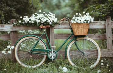 Fototapeta premium A vintage bicycle with a wicker basket filled with flowers, leaning against a wooden fence.