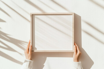 Empty frame held in hands against white wall with shadows. Woman holding blank picture frame for photo display against white wall
