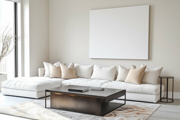 Modern white sectional sofa in bright living room with blank canvas. Interior design of living room with contemporary sofa coffee table and decor